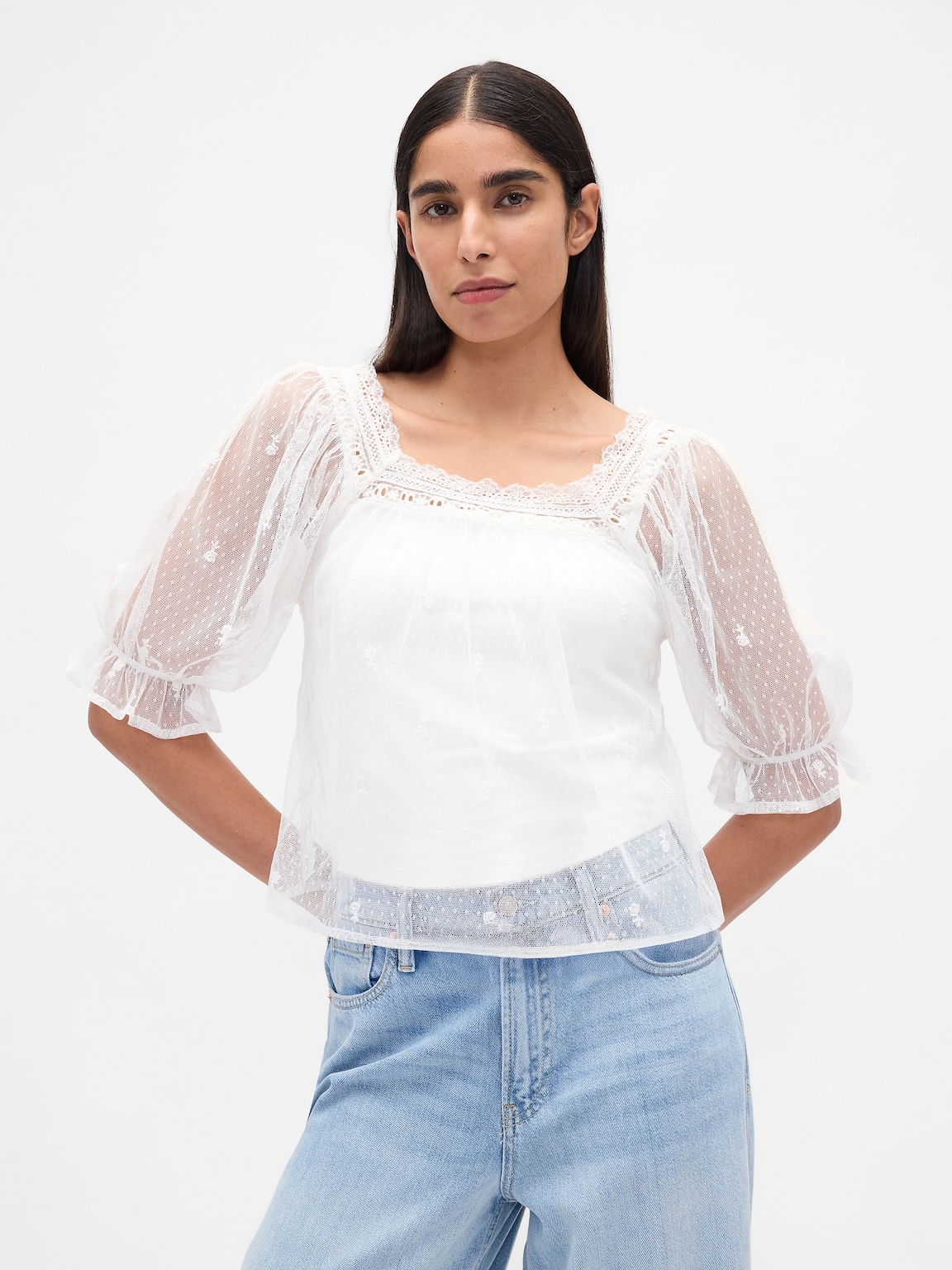 Sheer Tulle Embroidered Top