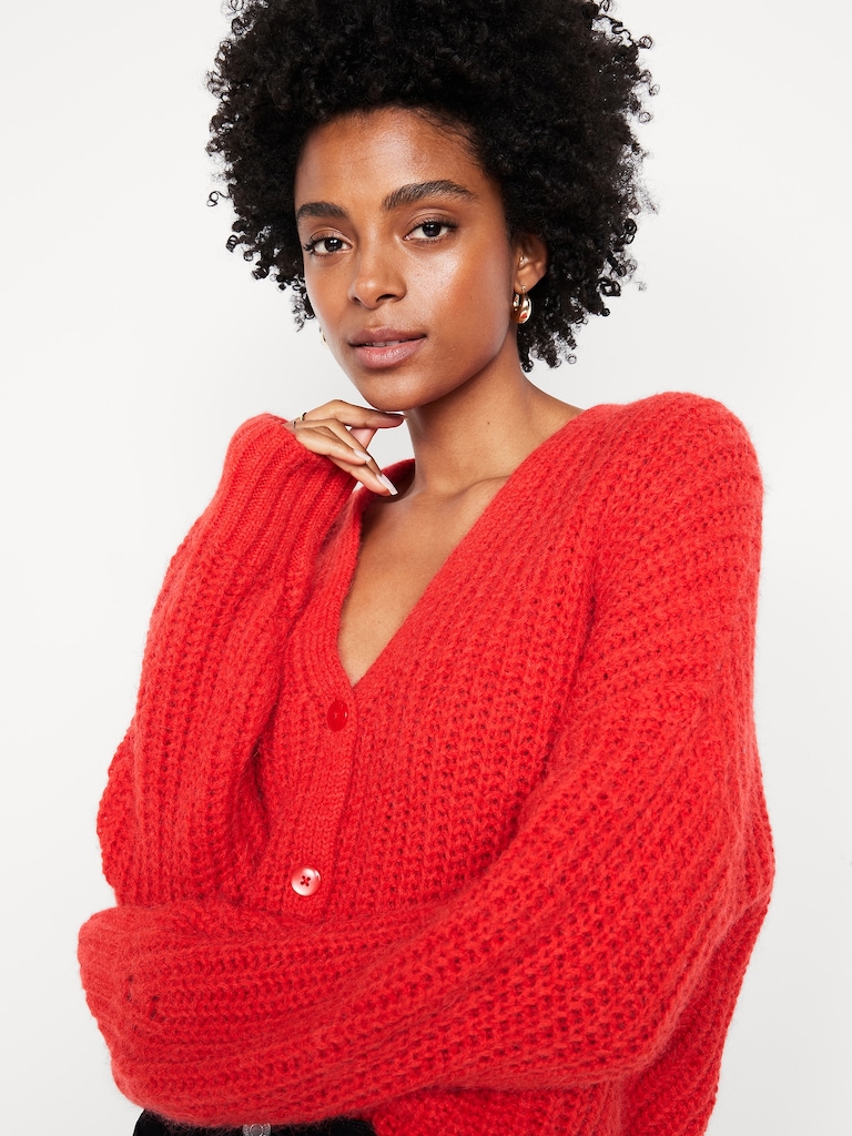 Wool-Blend Shaker-Stitch Cardigan Sweater