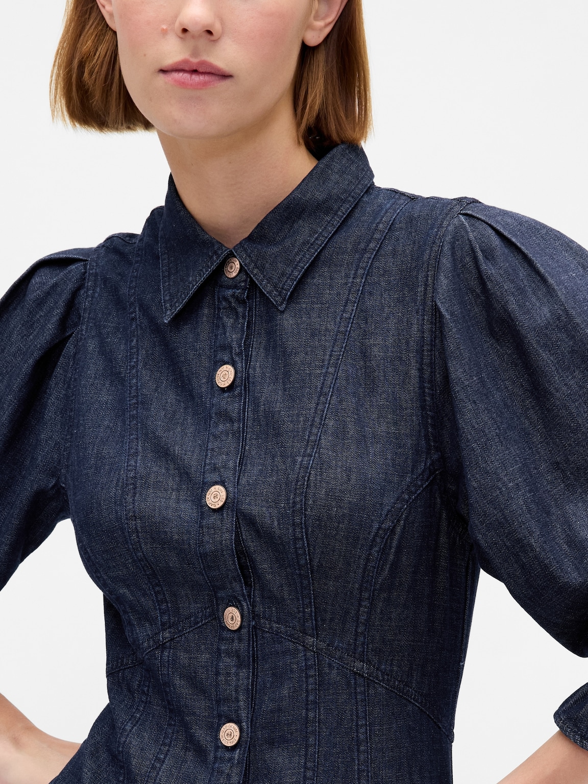 Denim Puff-Sleeve Seamed Mini Dress