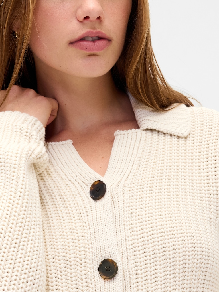 100% Cotton Collared Crop Cardigan Sweater