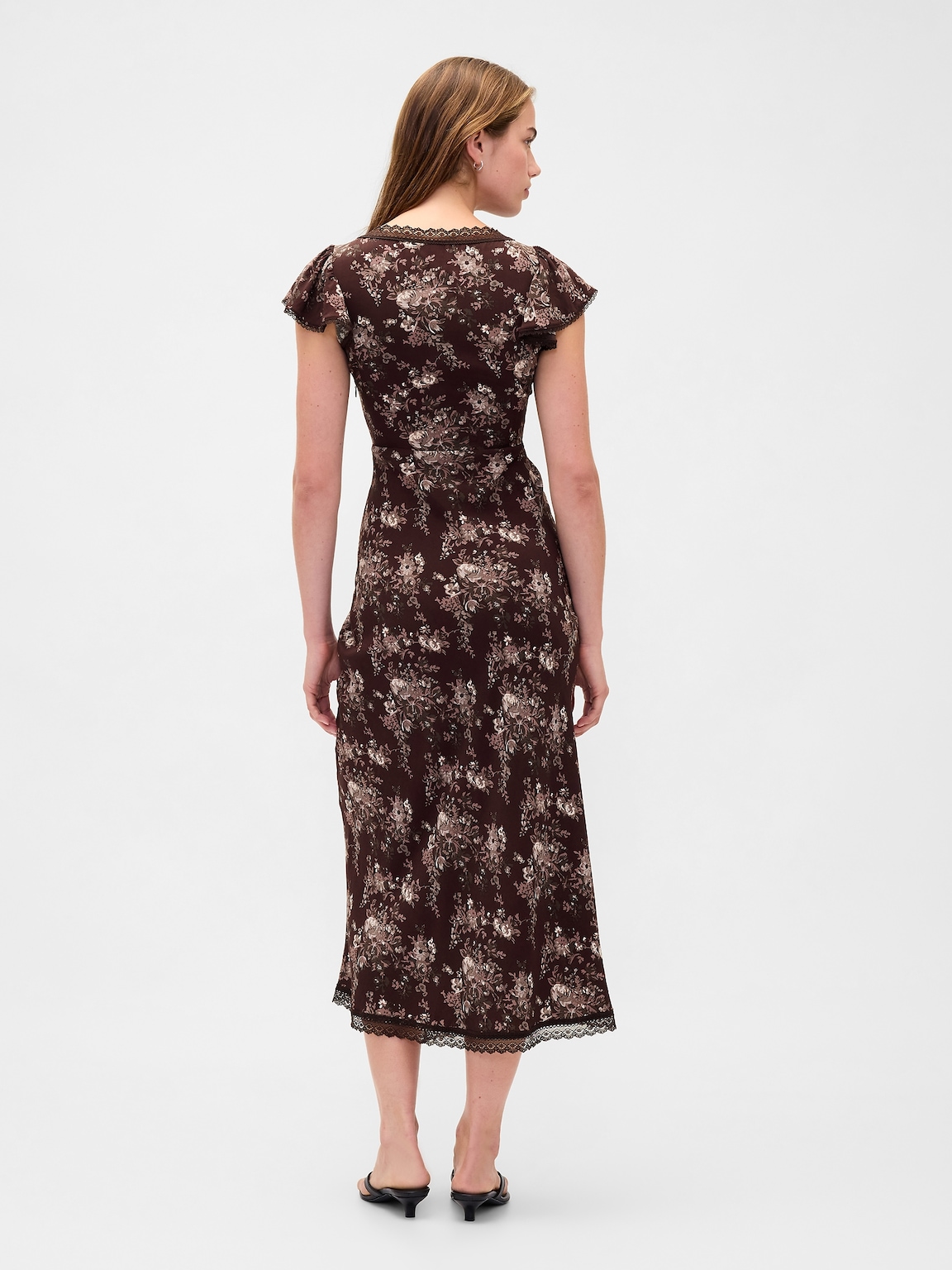 Lace-Trim V-Neck Crepe Maxi Dress