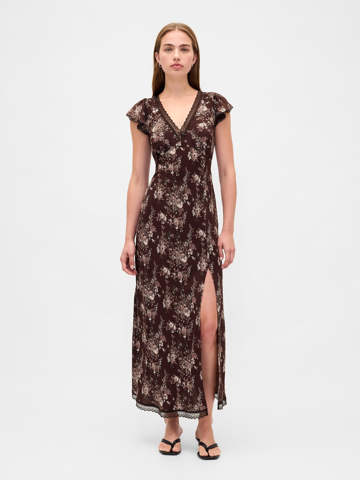 Lace-Trim V-Neck Crepe Maxi Dress