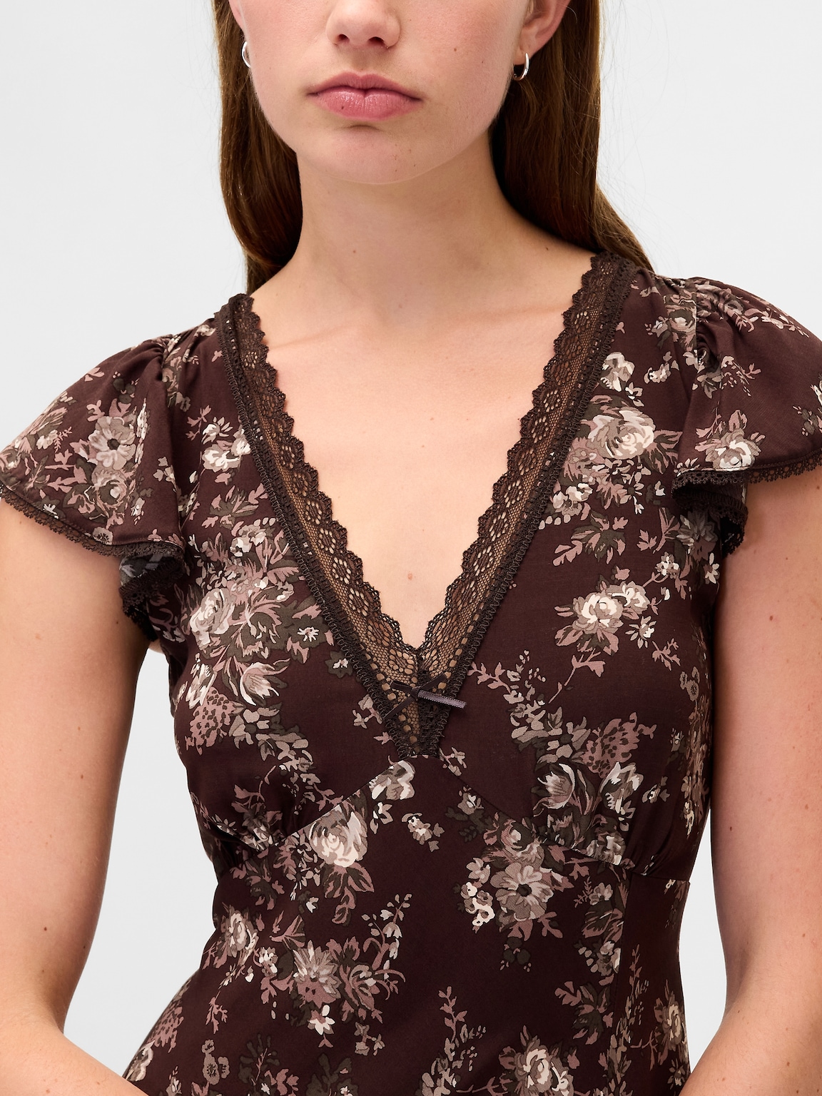 Lace-Trim V-Neck Crepe Maxi Dress