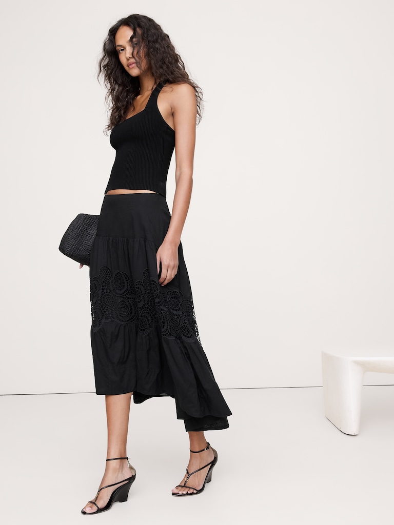Cotton & Lace Drop-Waist Tiered Skirt