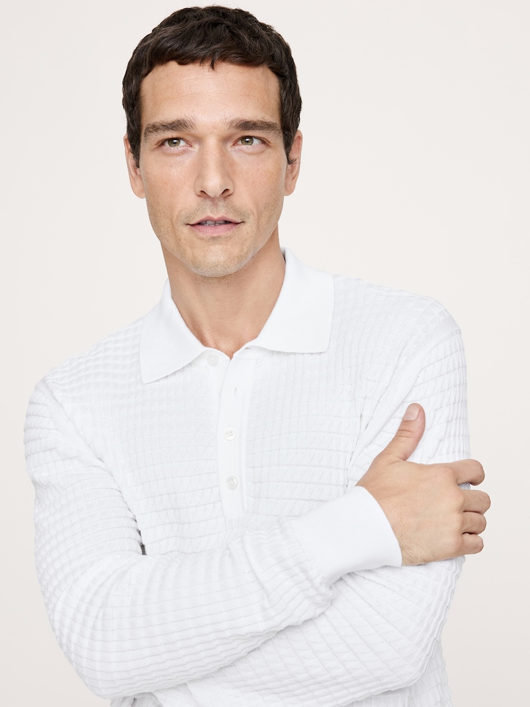 Textured Cotton Long-Sleeve Sweater Polo