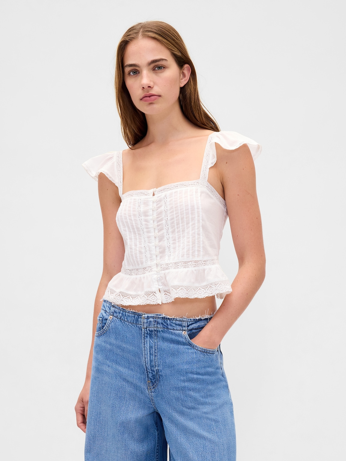 Lace Ruffle Voile Peplum Crop Top
