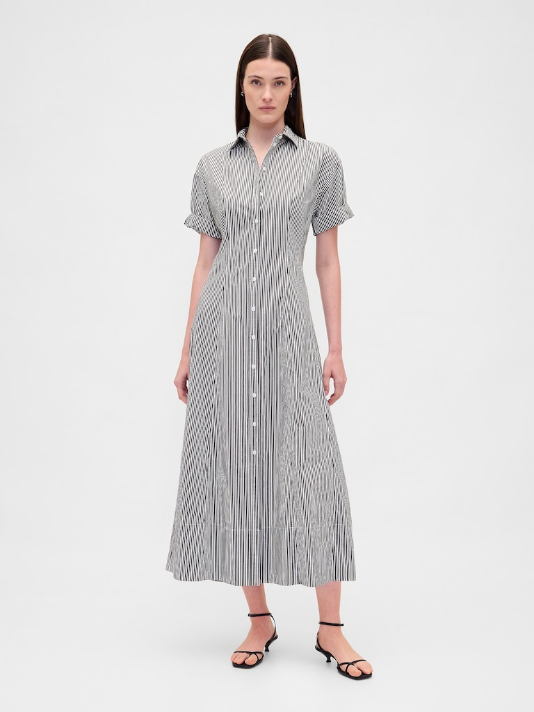 Poplin Roll-Cuff Midi Shirtdress