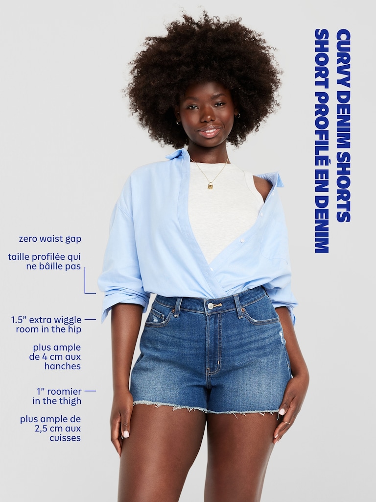 Short OG profilé en denim à taille haute à ourlet coupé, entrejambe de 7,5 cm