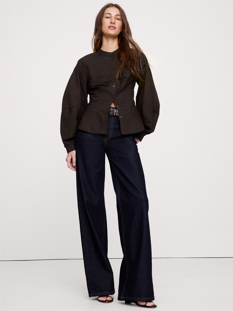 CHEMISIER À MANCHES BALLONS EN POPELINE DE COTON