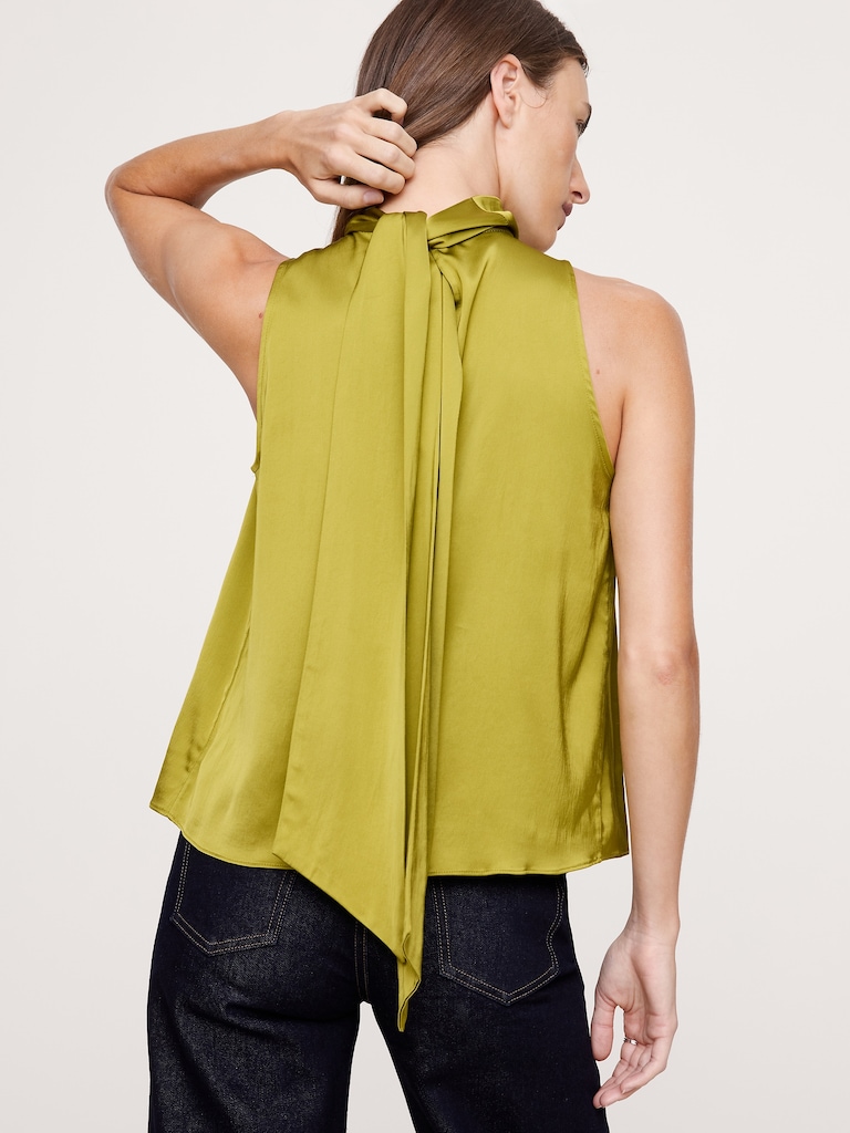 Stretch-Satin Tie-Neck Top