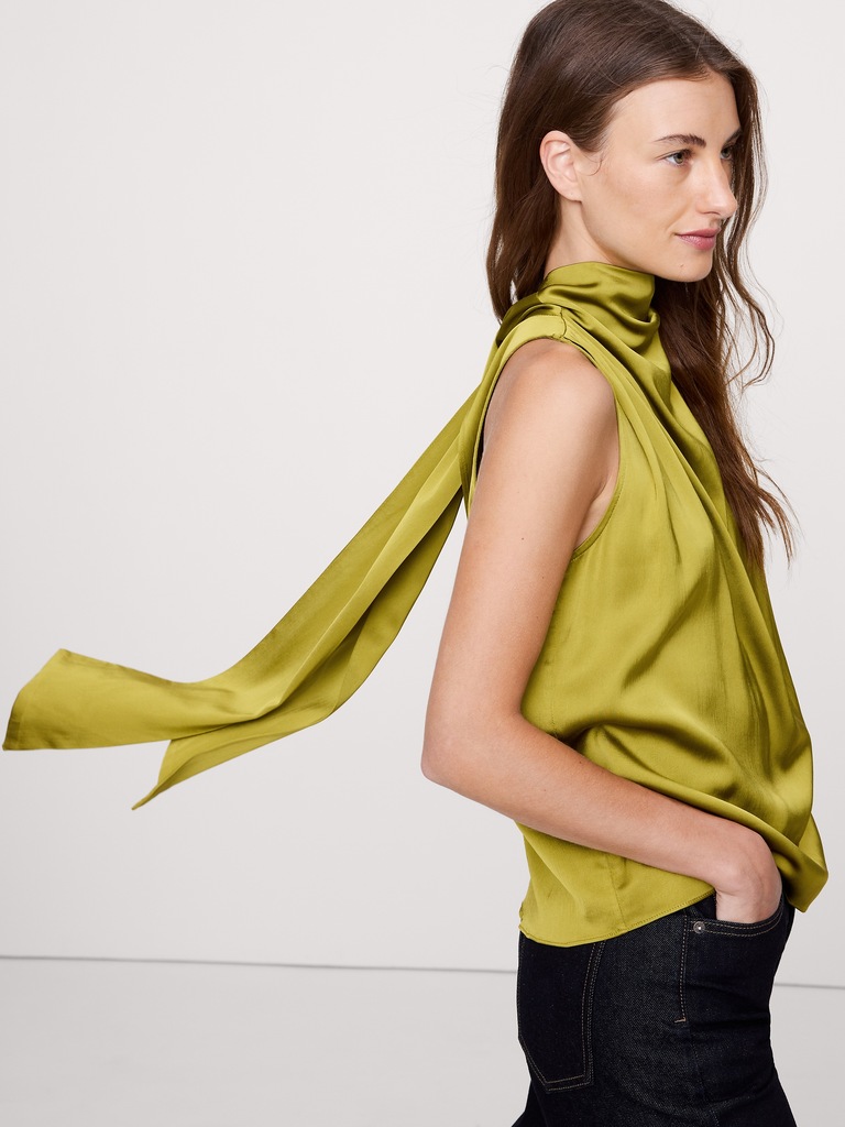 Stretch-Satin Tie-Neck Top