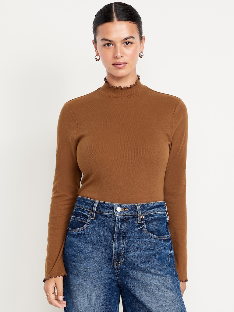 Mock-Neck Lettuce-Edge Rib Top