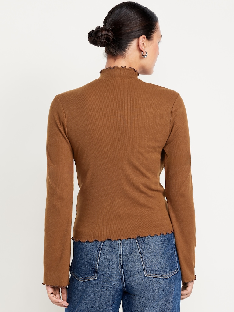 Mock-Neck Lettuce-Edge Rib Top