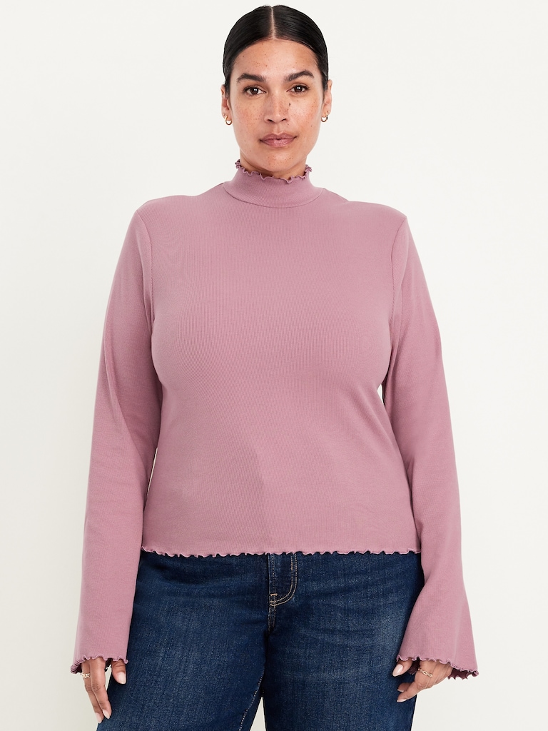 Mock-Neck Lettuce-Edge Rib Top