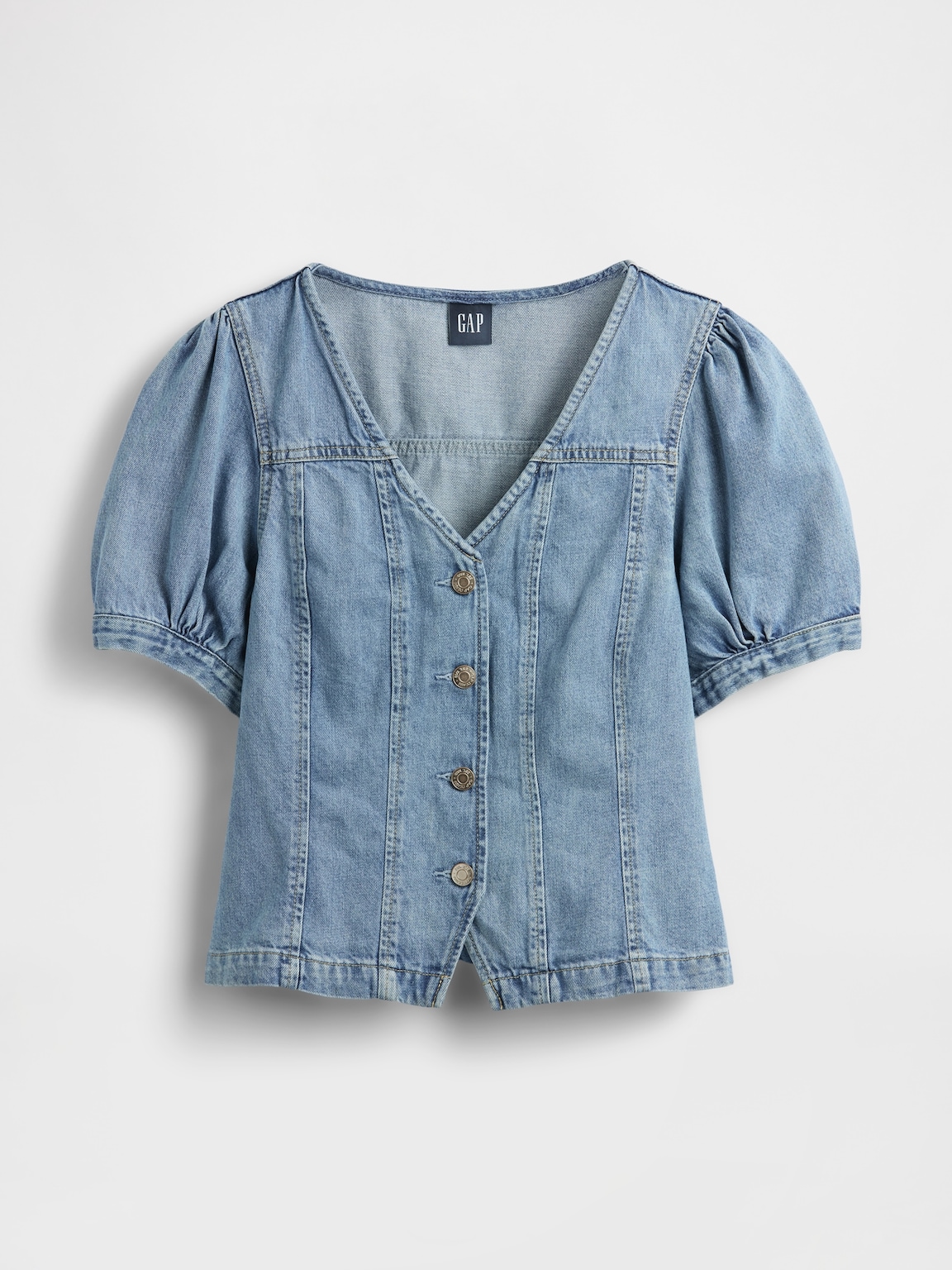 Denim Puff-Sleeve Seamed Top