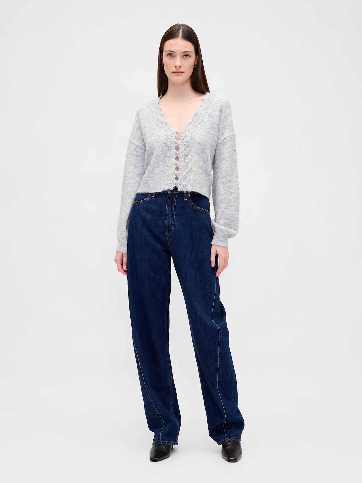 Fuzzy Pointelle Scalloped Crop Cardigan