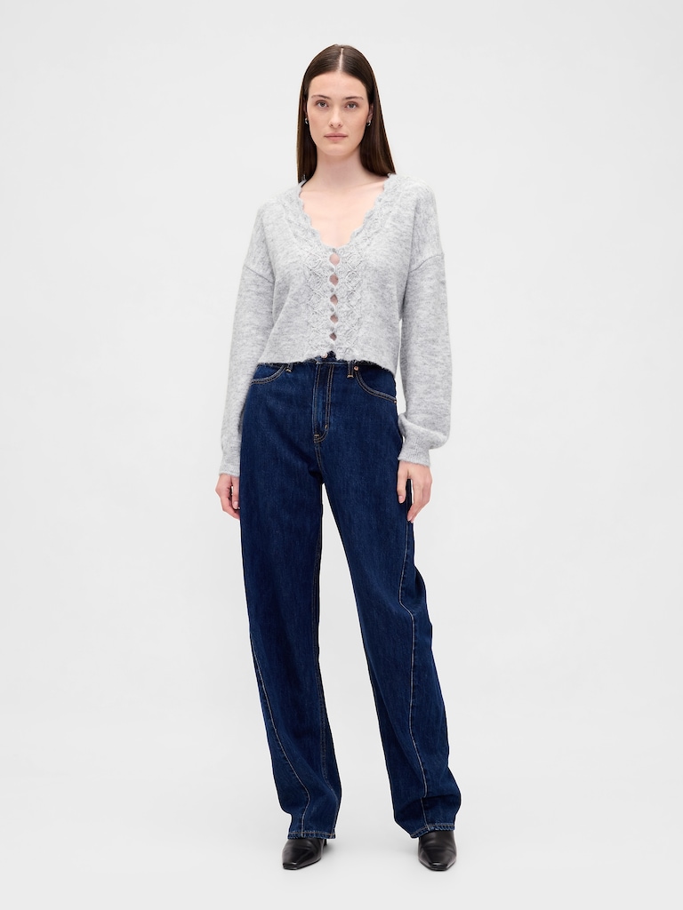 Fuzzy Pointelle Scalloped Crop Cardigan
