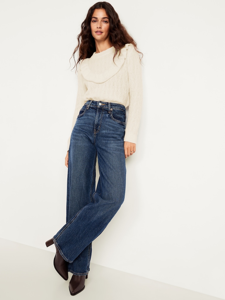 Wool-Blend Cropped Ruffle Sweater