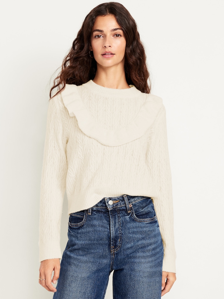 Wool-Blend Cropped Ruffle Sweater
