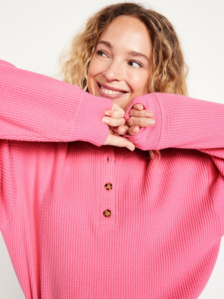 Oversized Cozy Waffle Henley Top