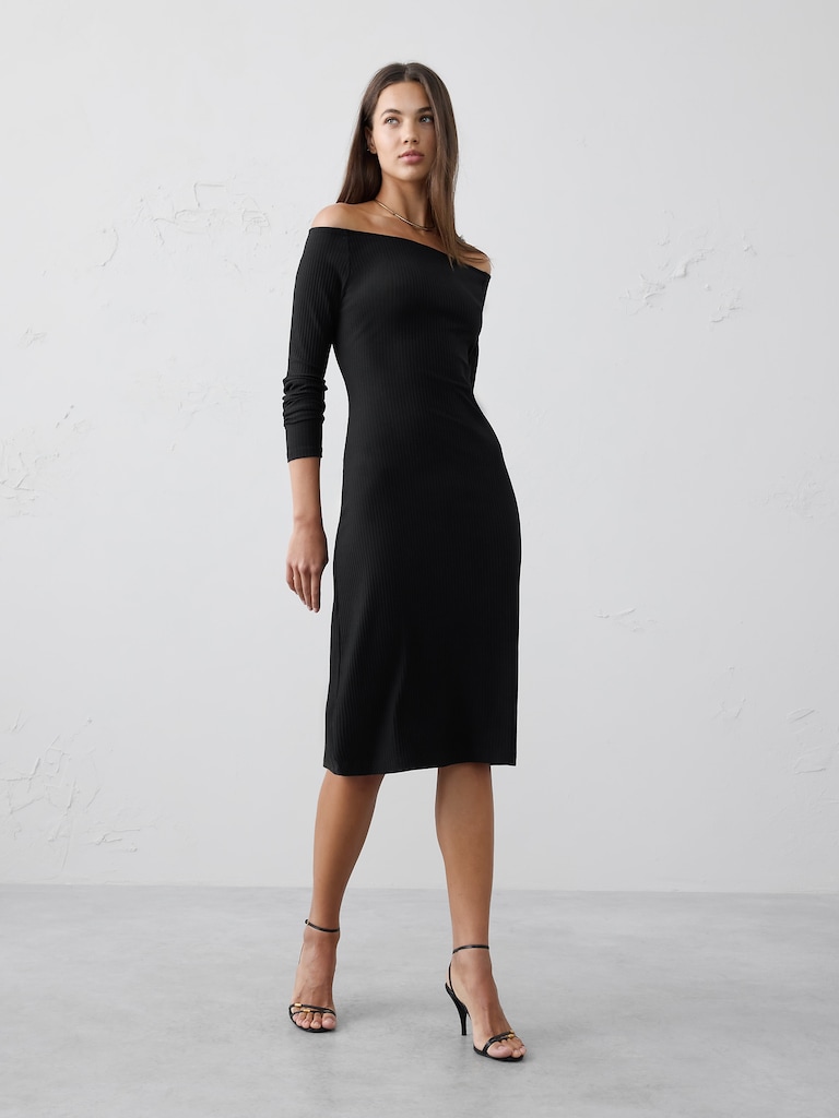 Off-The Shoulder Ribbed Midi Dress