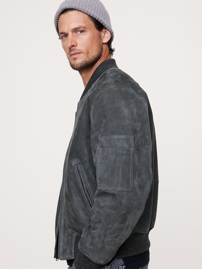 Suede Bomber Jacket with Quilted Lining