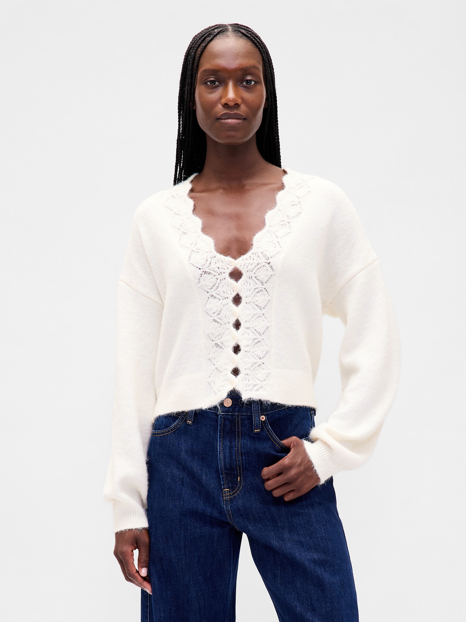Fuzzy Pointelle Scalloped Crop Cardigan | Gap