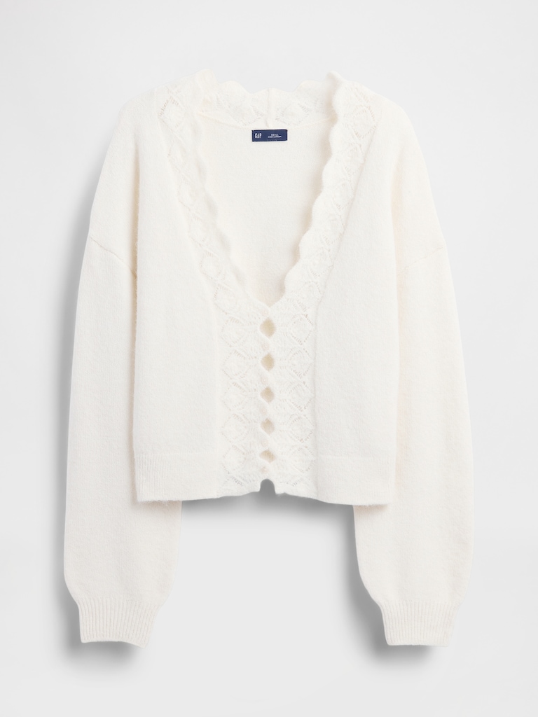 Fuzzy Pointelle Scalloped Crop Cardigan
