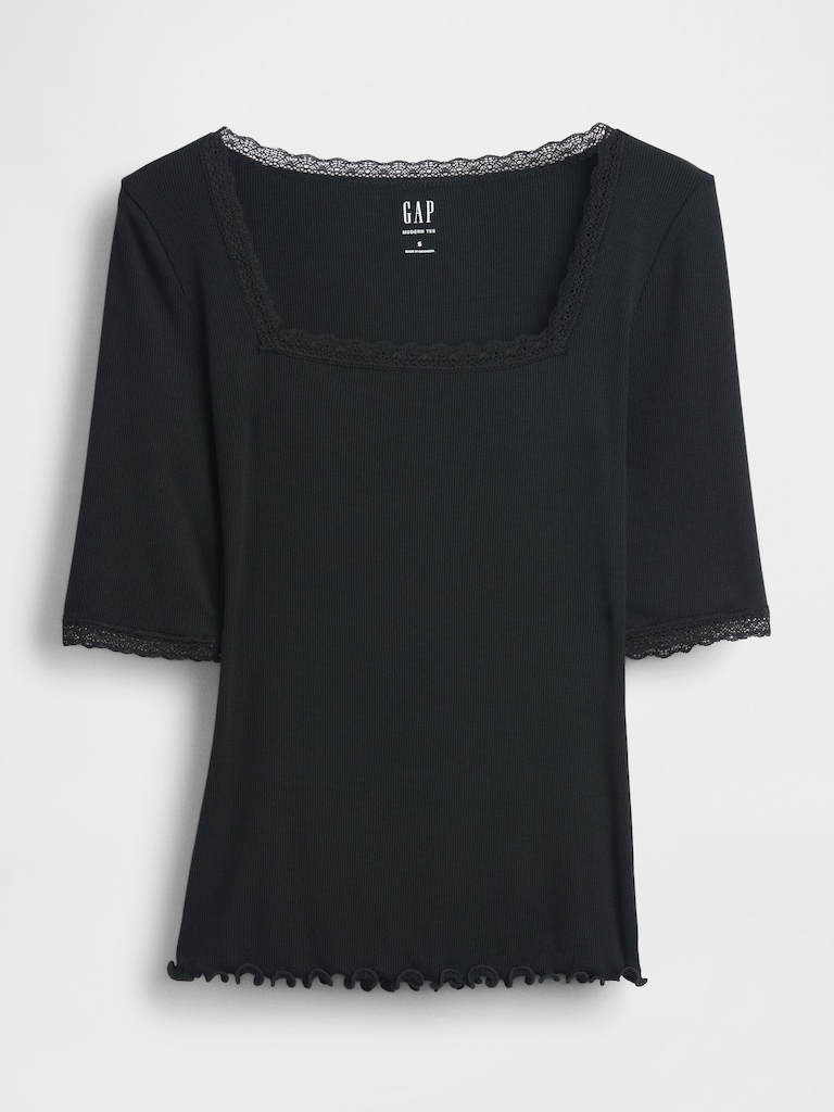 Modal Rib Lace-Trim Square-Neck T-Shirt