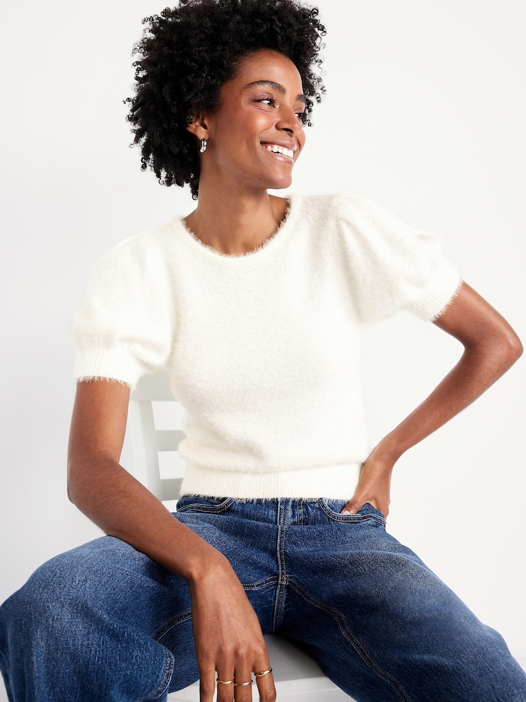 Cropped Puff-Sleeve Eyelash Sweater