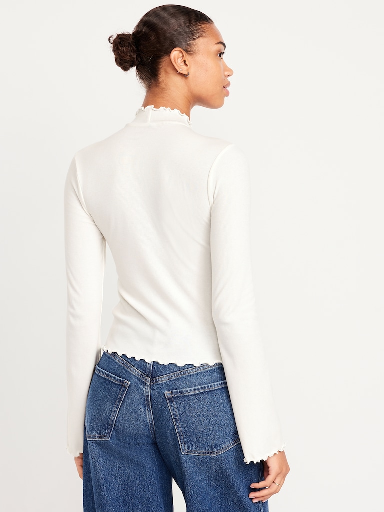 Mock-Neck Lettuce-Edge Rib Top