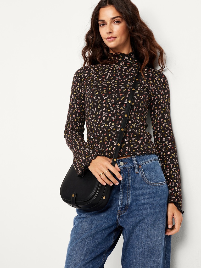 Mock-Neck Lettuce-Edge Rib Top