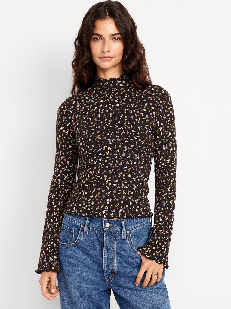 Mock-Neck Lettuce-Edge Rib Top