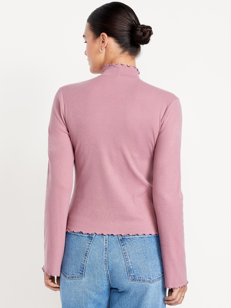 Mock-Neck Lettuce-Edge Rib Top