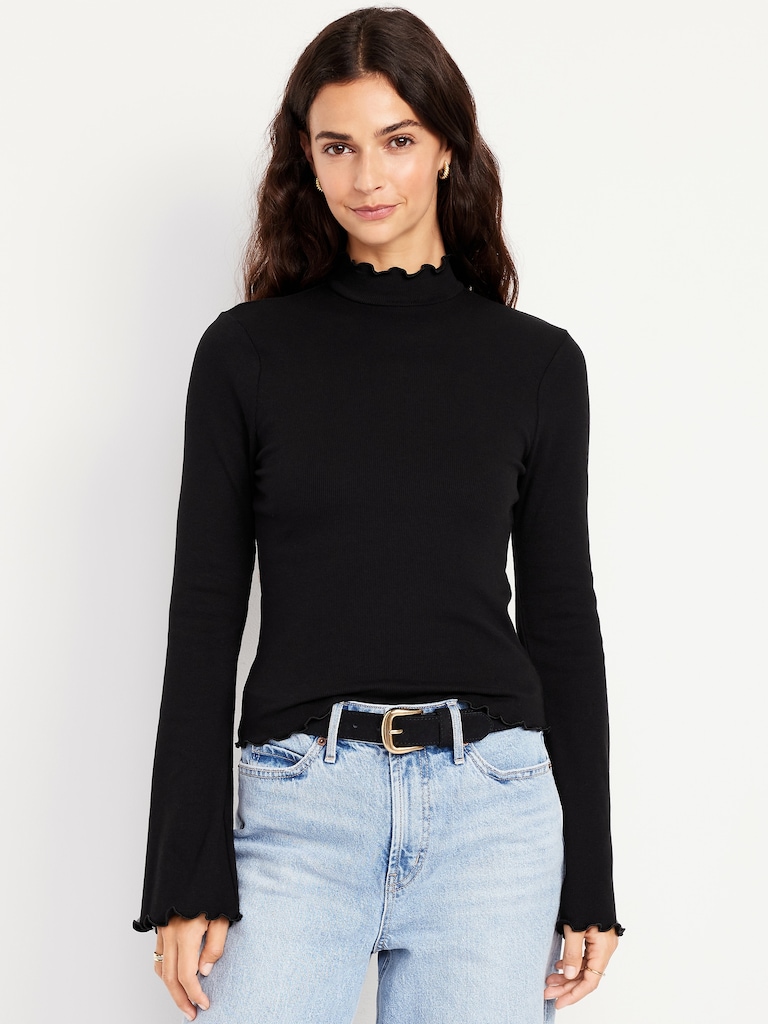 Mock-Neck Lettuce-Edge Rib Top