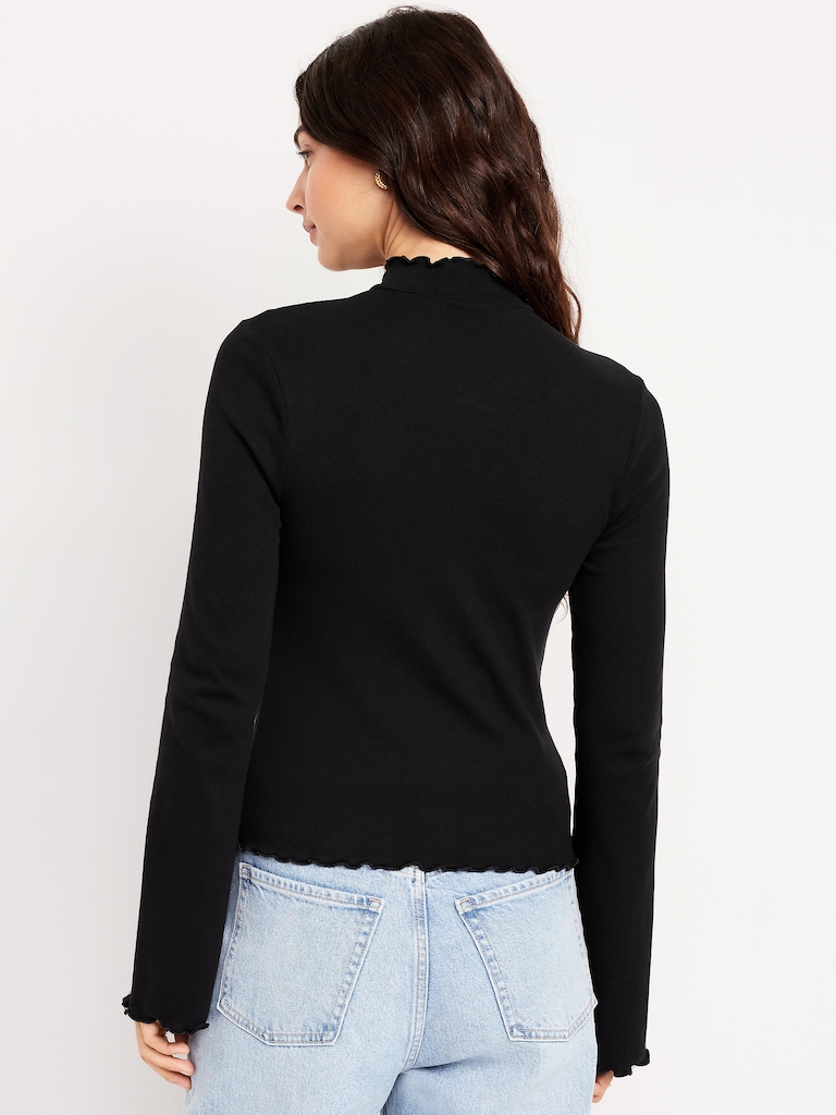 Mock-Neck Lettuce-Edge Rib Top