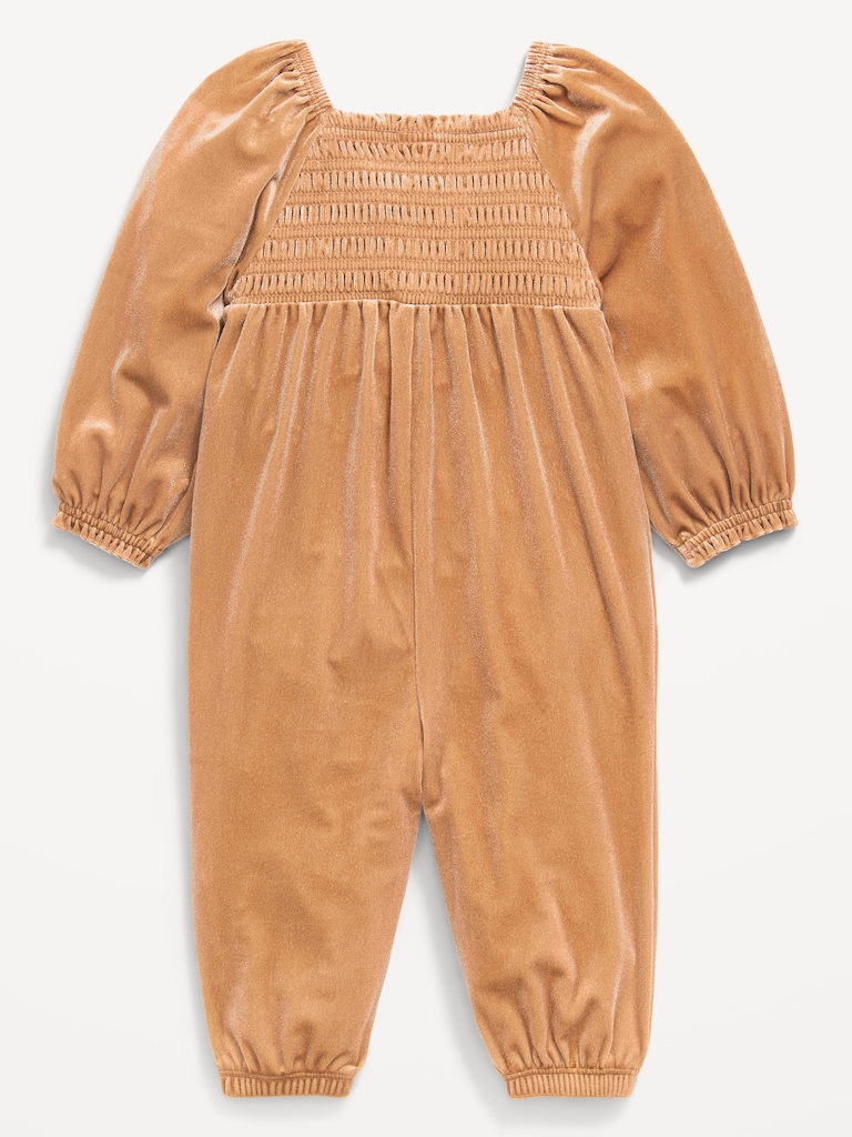 Long-Sleeve Smocked Velvet Jumpsuit for Baby