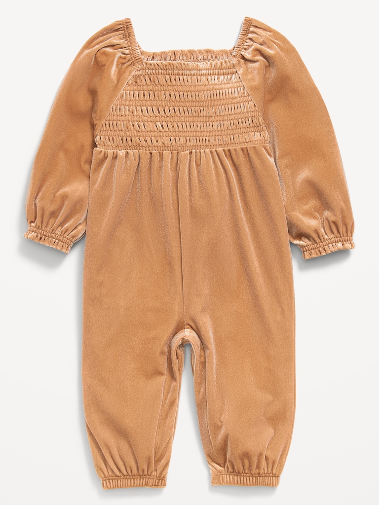 Long-Sleeve Smocked Velvet Jumpsuit for Baby