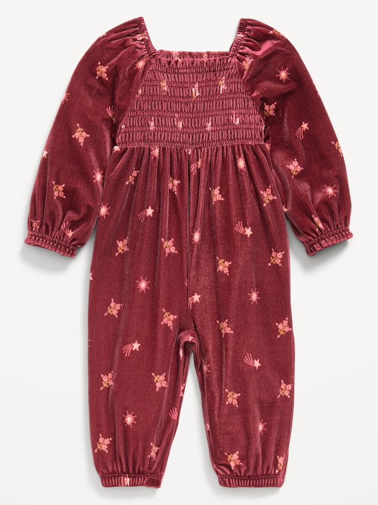 Long-Sleeve Smocked Velvet Jumpsuit for Baby