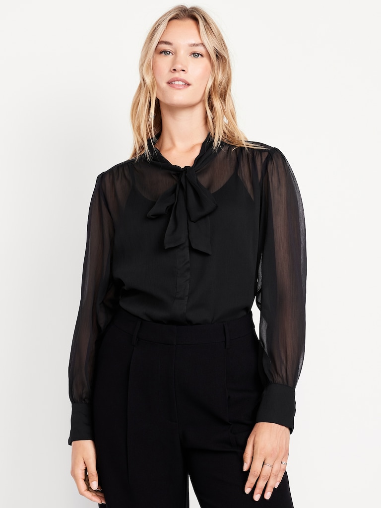 Long-Sleeve Tie-Neck Chiffon Top