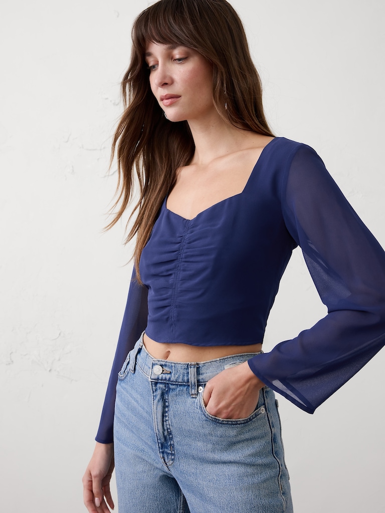 Cropped Shirred Sweetheart-Neck Top