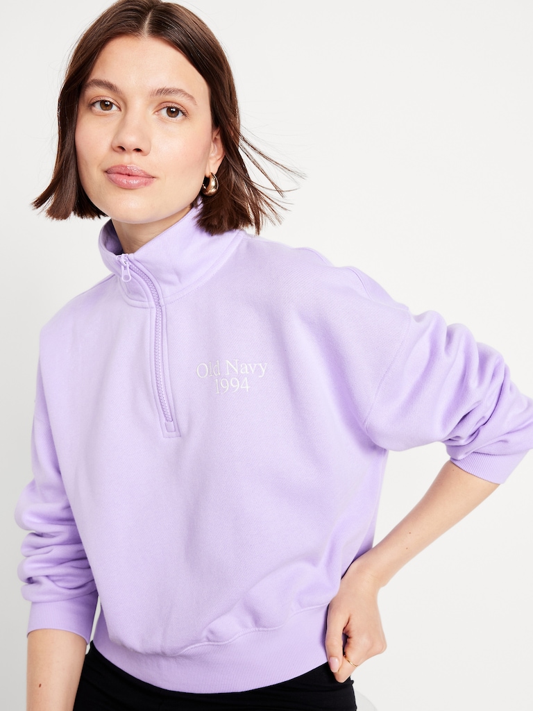 Oversized Logo-Graphic Cropped Half-Zip Pullover