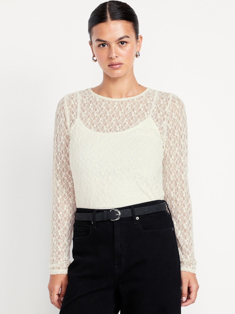 Long-Sleeve Lace Crew-Neck Top