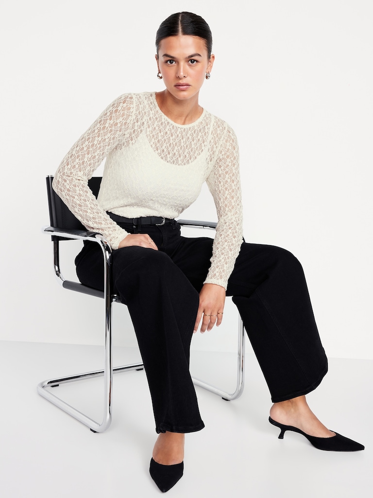 Long-Sleeve Lace Crew-Neck Top