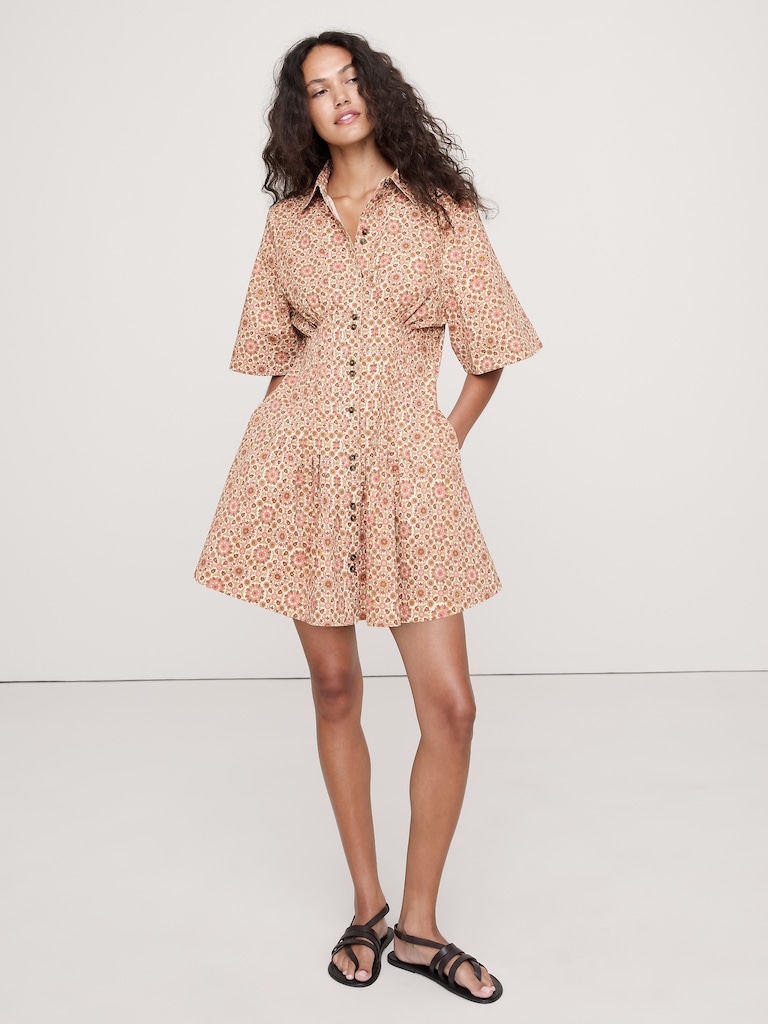 Stretch-Cotton Poplin Pintuck Shirt Dress