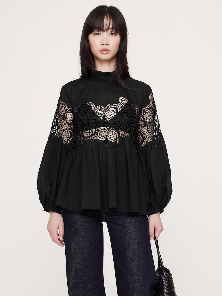 Cotton & Lace Mock-Neck Top