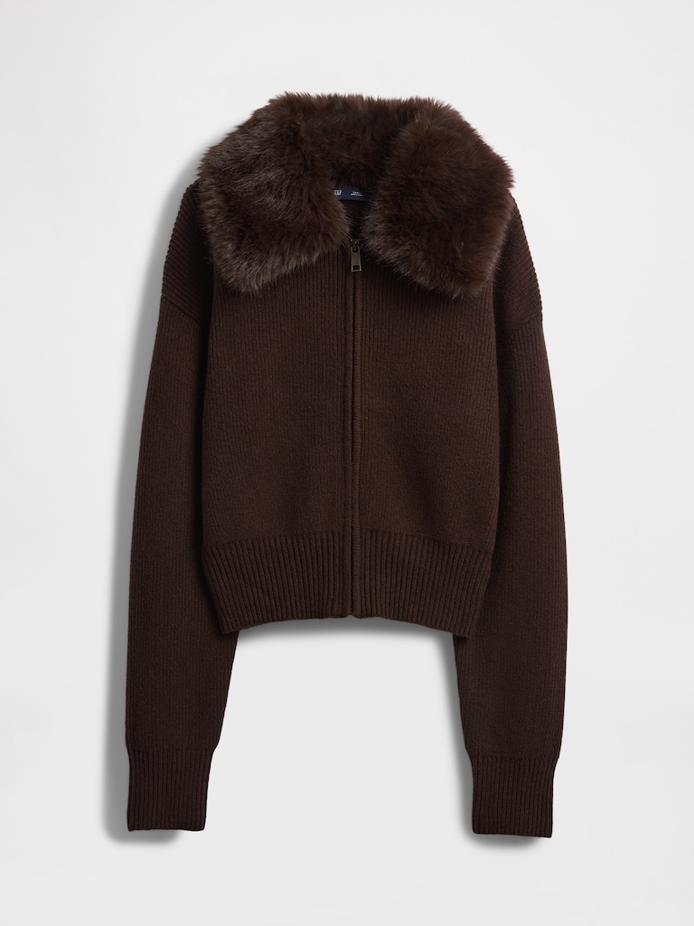 CashSoft Faux-Fur Collar Zip Cardigan Sweater