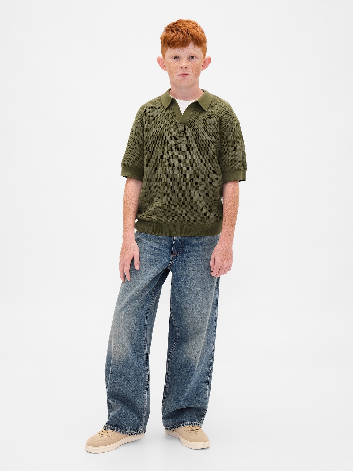 Kids Johnny-Collar Waffle Shirt