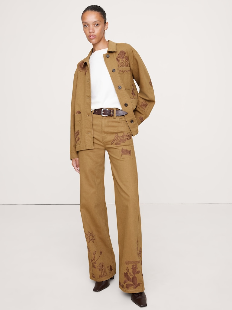 High-Rise Embroidered Cotton Canvas Relaxed-Straight Pant