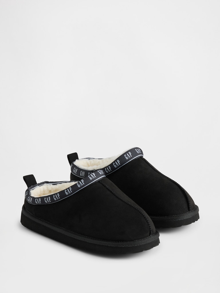 Kids Vegan Suede Sherpa-Lined Logo Slippers